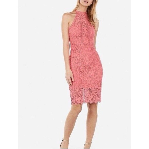 Express Dresses & Skirts - Express HIGH NECK LACE SHEATH DRESS CORAL sz 14